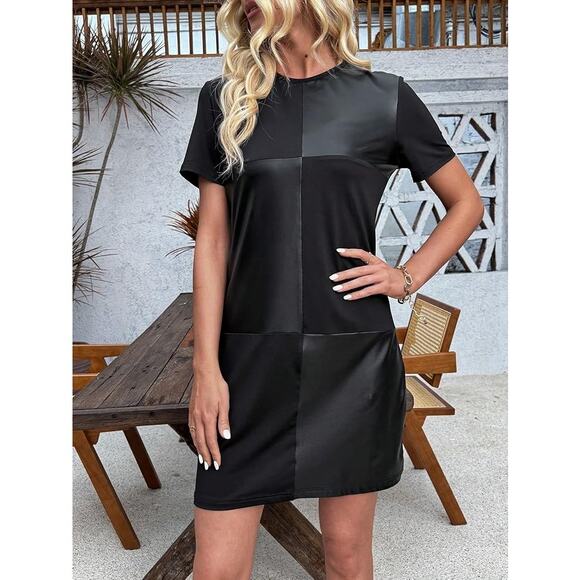 Shein Dresses & Skirts - SHEIN Women’s Colorblock Faux Leather Patch T-Shirt Dress XL Black Short Sleeve
